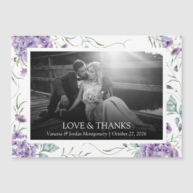 Love and Thanks Purple Floral Frame Wedding Photo (Front)
