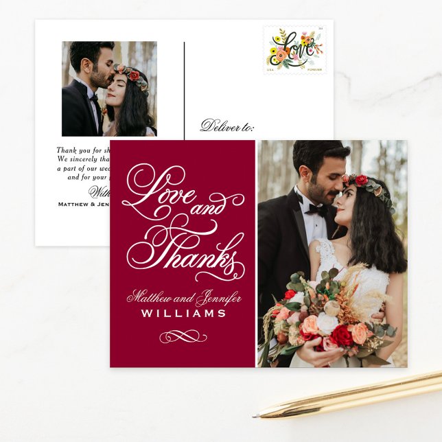 Love and Thanks Red Wedding Photo Thank You Postcard (Creator Uploaded)