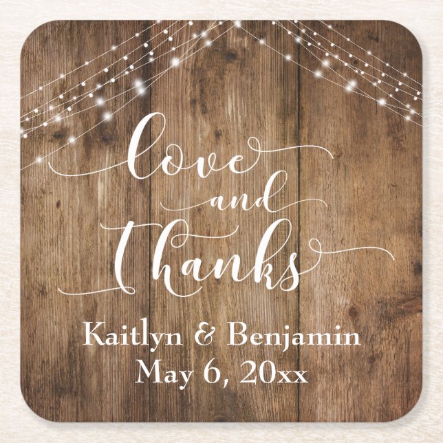 Love and Thanks, Rustic Brown Wood & Lights Square Paper Coaster (Front)