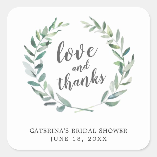 Love and Thanks Rustic Wreath Bridal Shower Favour Square Sticker (Front)