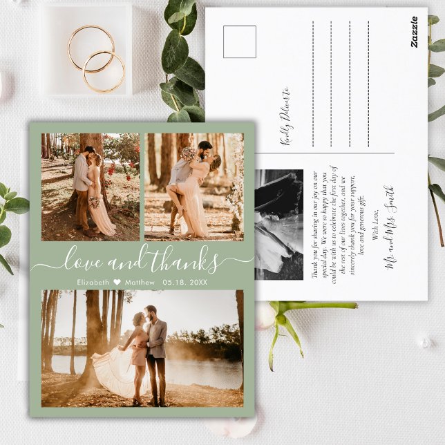 Love and Thanks Sage Green Wedding Thank You Postcard (Creator Uploaded)