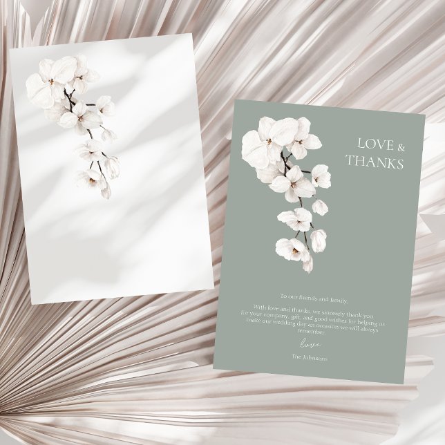 Love and Thanks Sage Green White Orchids Wedding Thank You Card (Modern Sage Green White Orchids Wedding Love and Thanks Card)