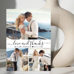 Love and Thanks Script 3 Photo Collage Wedding  Thank You Card<br><div class="desc">Modern Minimalist Elegant „Love and thanks” Script 3 Photo Collage Wedding Thank You Card. Stylish wedding thank you card template featuring 3 (three) photo on the front and one (1) photo on the back. With the text „Love and thanks” in a swirly hand lettering typography script font with swash tail...</div>