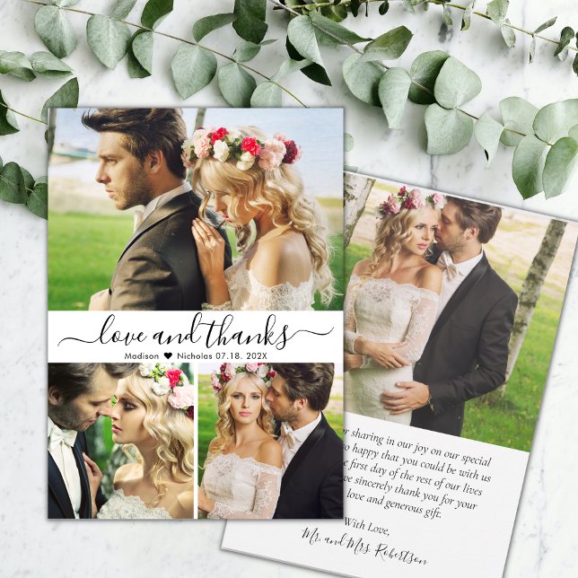 Love and Thanks Script 3 Photo Collage Wedding  Thank You Card (Creator Uploaded)