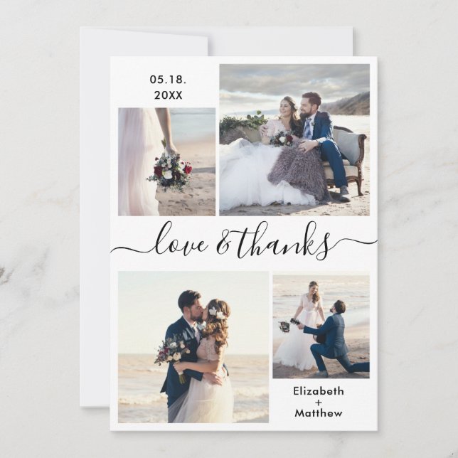 Love and Thanks Script 4 Photo Collage Wedding Thank You Card (Front)
