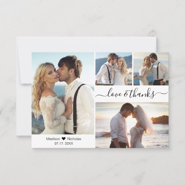 Love and Thanks Script 4 Photo Collage Wedding  Thank You Card (Front)