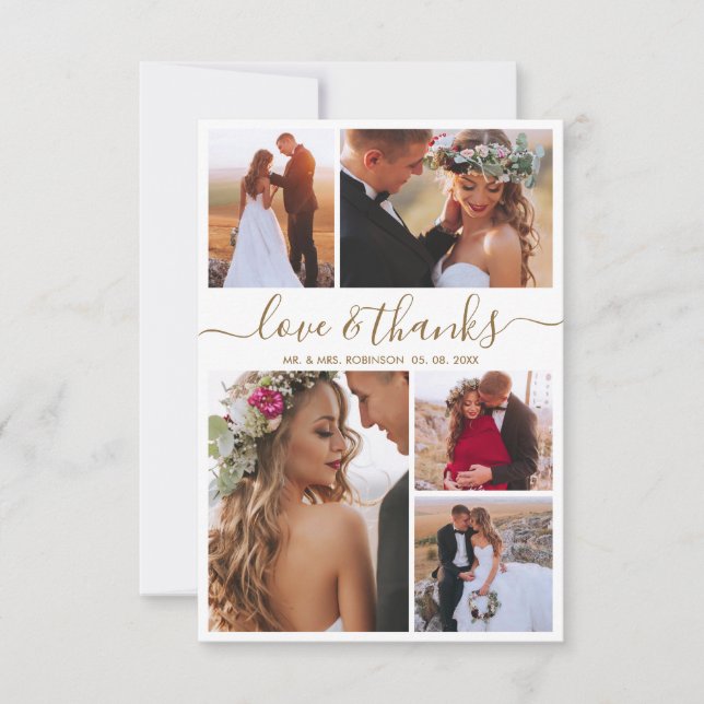 Love and Thanks Script 5 Photo Collage Wedding Thank You Card (Front)