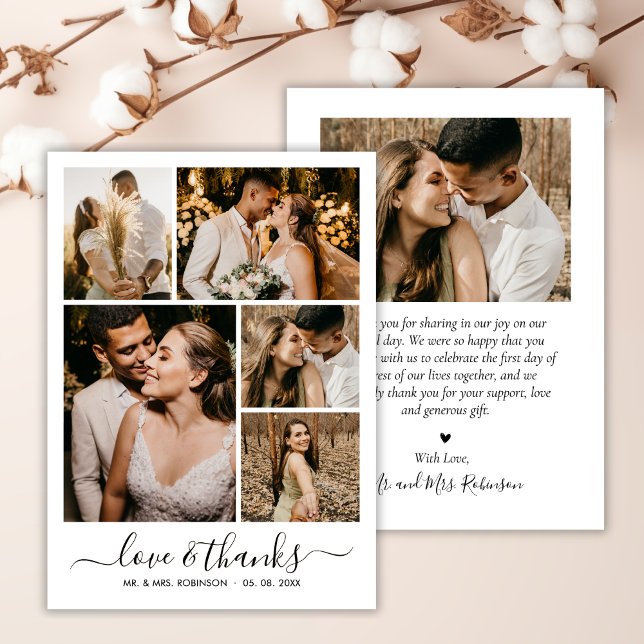 Love and Thanks Script 6 Photo Collage Wedding Thank You Card (Creator Uploaded)