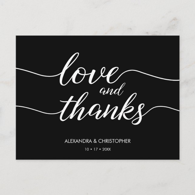 Love and Thanks Script Black and White Wedding Postcard (Front)