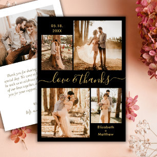 Love and Thanks Script Black Gold Collage Wedding Thank You Card