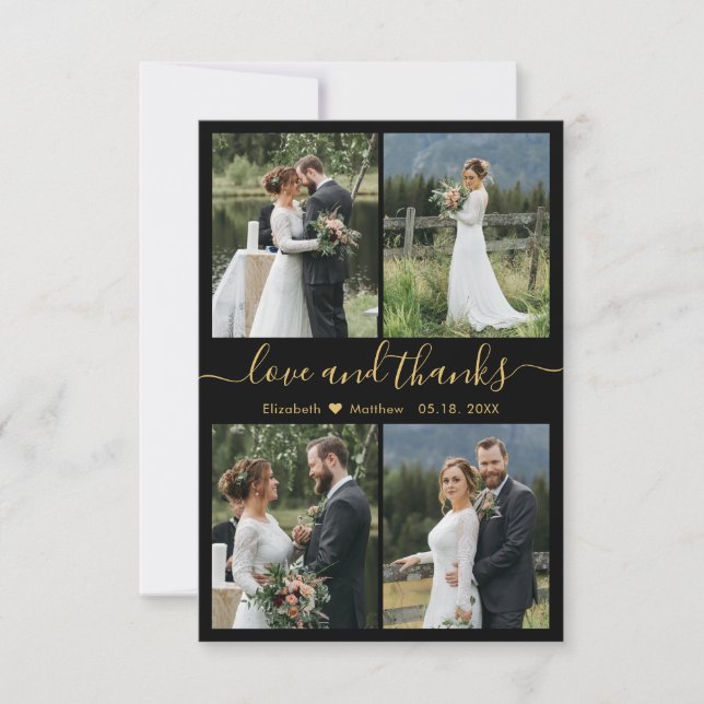 Love and Thanks Script Black Gold Collage Wedding Thank You Card (Front)