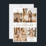 Love and Thanks Script Gold White Collage Wedding Thank You Card<br><div class="desc">Elegant, minimalist gold and white hand written photo collage personalised wedding thank you card. Stylish wedding thank you card template featuring four (4) photo on the front and one (1) photo on the back side. With the text "Love and thanks" in a swirly hand lettered typography swash tail font script...</div>