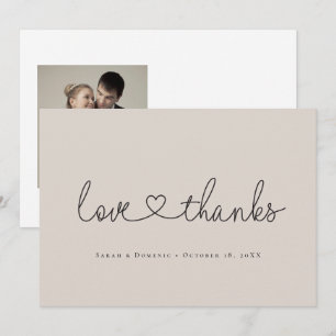 Love and Thanks script heart wedding photo  Thank You Card