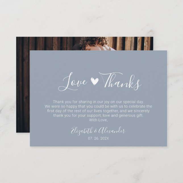 Love and Thanks Script Heart Wedding Photo  Thank You Card (Front/Back)