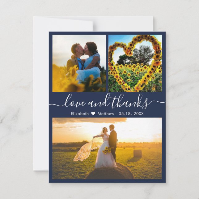 Love and Thanks Script Navy Wedding Photo Thank Yo Thank You Card (Front)