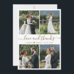 Love and Thanks Script Photo Collage Wedding Thank Thank You Card<br><div class="desc">Elegant, minimalist gold and white hand written script 4 photo collage personalised wedding thank you card. Stylish wedding thank you card template featuring four (4) photo on the front and one (1) photo on the back side. With the text "Love and thanks" in a swirly hand lettered typography swash tail...</div>
