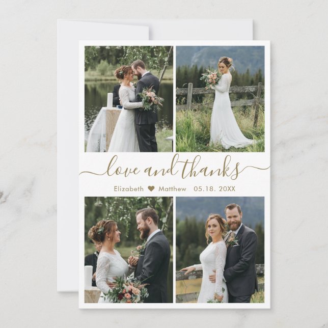 Love and Thanks Script Photo Collage Wedding Thank Thank You Card (Front)