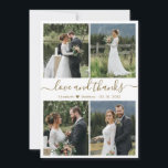 Love and Thanks Script Photo Collage Wedding Thank You Card<br><div class="desc">Elegant, minimalist gold and white hand written script 4 photo collage personalised wedding thank you card. Stylish wedding thank you card template featuring four (4) photo on the front and one (1) photo on the back side. With the text "Love and thanks" in a swirly hand lettered typography swash tail...</div>