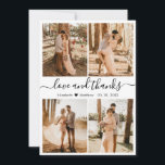 Love and Thanks Script Photo Collage Wedding Thank You Card<br><div class="desc">Elegant, minimalist black and white hand lettering script photo collage personalised wedding thank you card. Stylish wedding thank you card template featuring four (4) photo on the front and one (1) photo on the back side. With the text "Love and thanks" in a swirly hand lettered typography swash tail font...</div>
