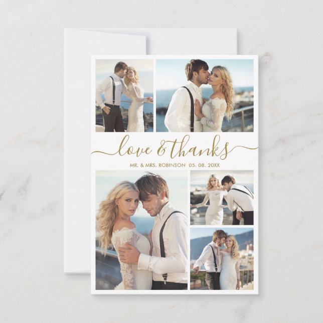 Love and Thanks Script Photo Collage Wedding Thank You Card (Front)
