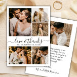 Love and Thanks Script Photo Collage Wedding Thank You Card<br><div class="desc">Elegant, Minimalist Hand Lettered Wedding 6 Photo Collage Thank You Cards. Modern wedding thank you card template featuring six photo. With the text "Love and thanks" in a swirly hand lettered swash tail calligraphy script font in black on white background. Add your name, photos and thank you message. If you...</div>