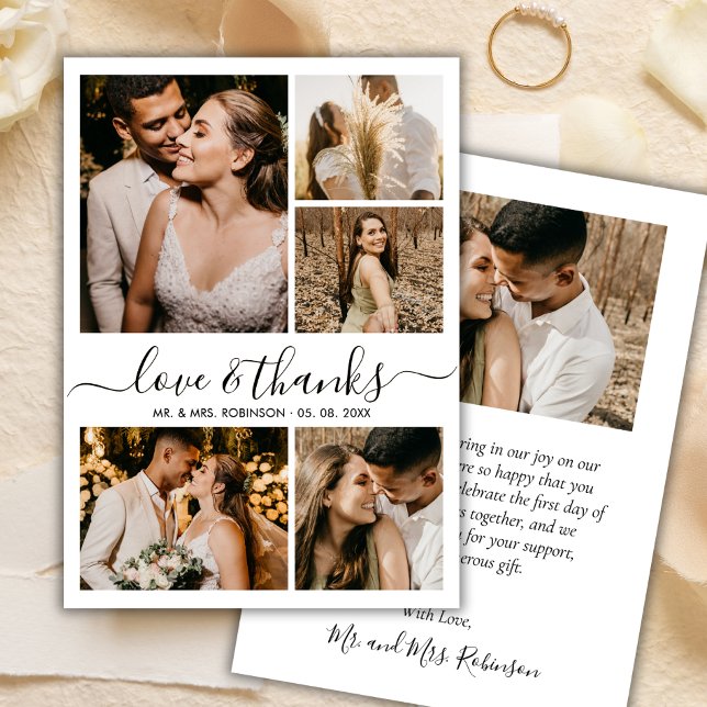 Love and Thanks Script Photo Collage Wedding Thank You Card (Creator Uploaded)
