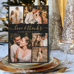 Love and Thanks Script Photo Collage Wedding Thank You Card<br><div class="desc">Elegant, Minimalist Script Gold and Black Wedding 5 Photo Collage Thank You Cards. Modern wedding thank you card template featuring five (5) photo on the front and one (1) photo on the back. With the text "Love and thanks" in a swirly hand lettered typography script font in gold on black...</div>