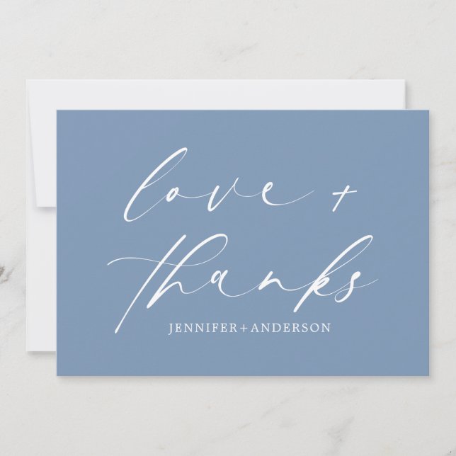 Love and Thanks Script Photo Wedding | Dusty Blue Thank You Card (Front)