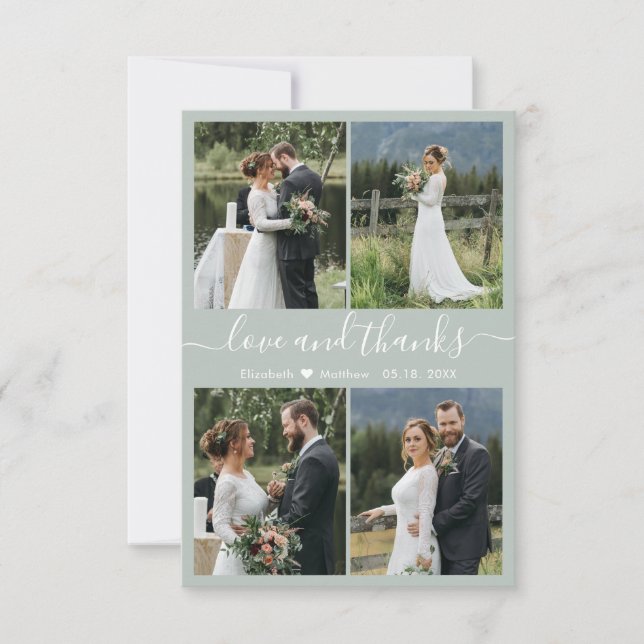Love and Thanks Script Sage Green Collage Wedding Thank You Card (Front)