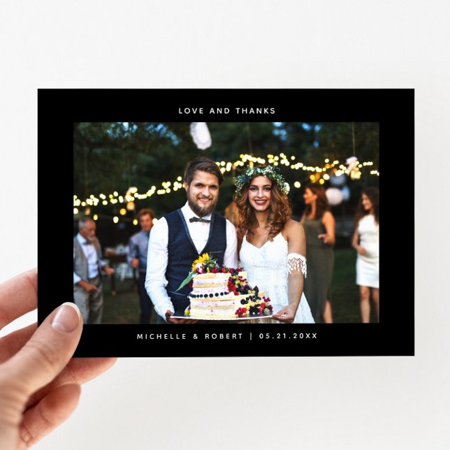 Love and Thanks Simple Wedding Photo Black Thank You Card (Creator Uploaded)