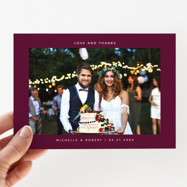 Love and Thanks Simple Wedding Photo Cranberry Thank You Card (Creator Uploaded)
