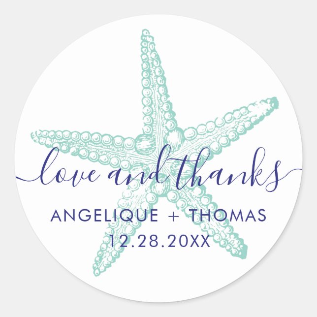 Love and Thanks Starfish Beach Wedding Favour Classic Round Sticker (Front)