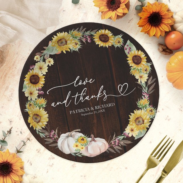 Love And Thanks Sunflower Pumpkin Wedding Paper Plate (Creator Uploaded)