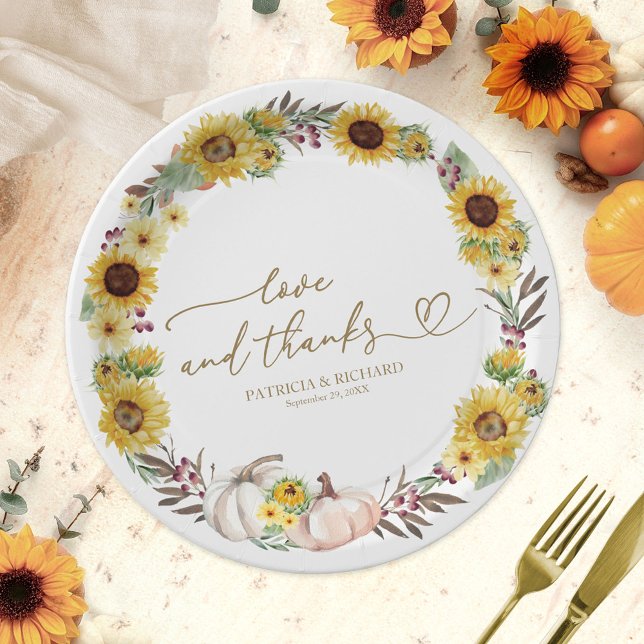 Love And Thanks Sunflower Pumpkin Wedding Paper Plate (Creator Uploaded)