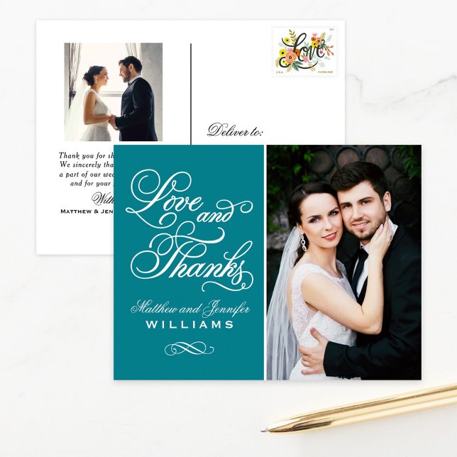 Love and Thanks Teal Blue Wedding Photo Thank You Postcard (Creator Uploaded)