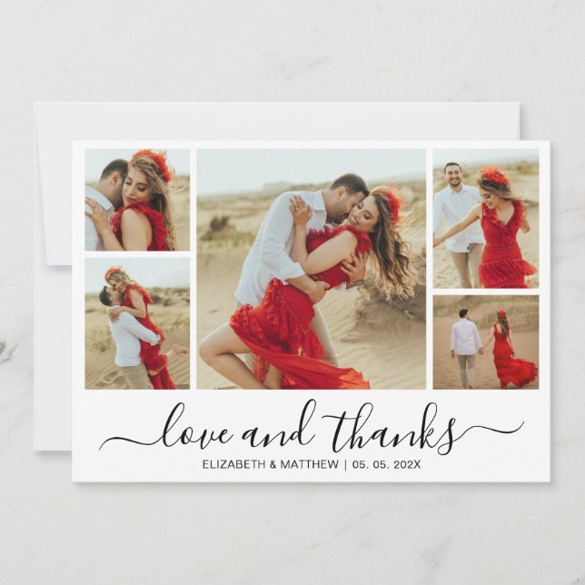 Love and Thanks Typography 5 Photo Collage Thank You Card (Front)