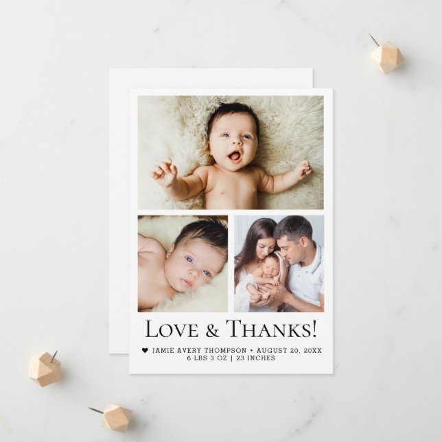 Love and Thanks Typography Baby Photo Birth Announcement (Front/Back In Situ)