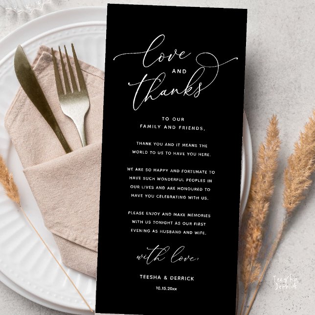 Love and Thanks, Wedding Dinner Thank You Card (Love and Thanks, Wedding Romantic Reception Thank You Card in Black and White)