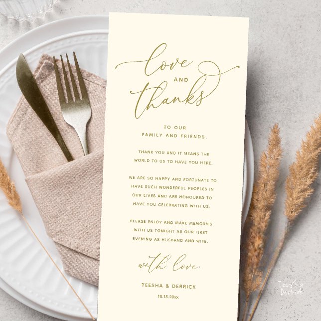 Love and Thanks, Wedding Dinner Thank You Card (Love and Thanks, Wedding Romantic Reception Thank You Card in Yellow Gold)