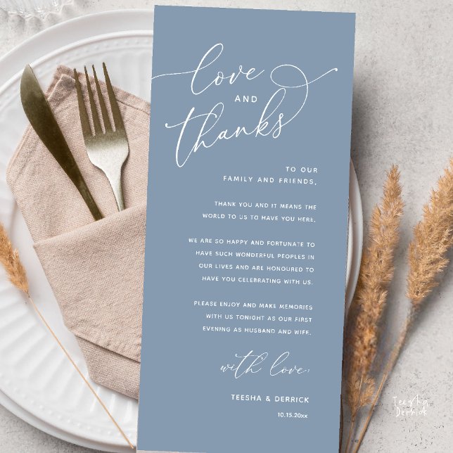 Love and Thanks, Wedding Dinner Thank You Card (Love and Thanks, Wedding Romantic Reception Thank You Card in Dusty Blue)