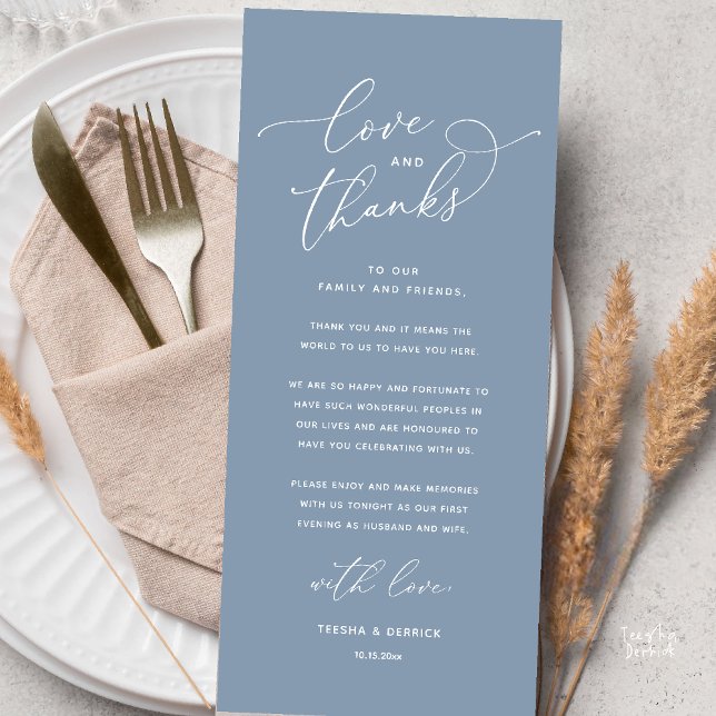 Love and Thanks, Wedding Dinner Thank You Card (Love and Thanks, Wedding Romantic Reception Thank You Card in Dusty Blue)