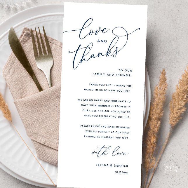 Love and Thanks, Wedding Dinner Thank You Card (Love and Thanks, Wedding Romantic Reception Thank You Card in Navy Blue)