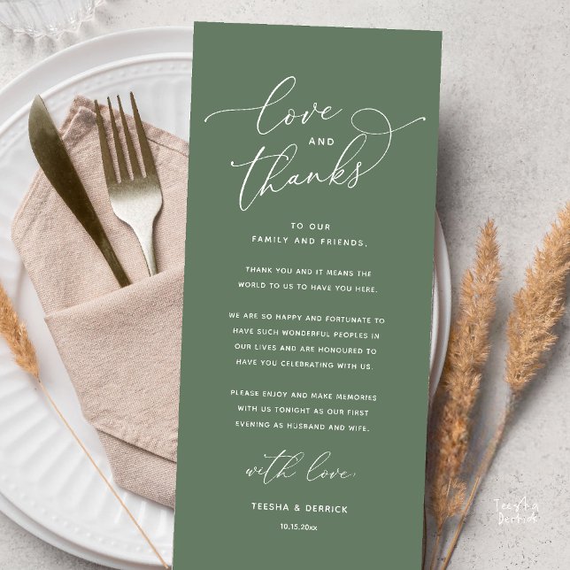 Love and Thanks, Wedding Dinner Thank You Card (Love and Thanks, Wedding Romantic Reception Thank You Card in Sage Green)