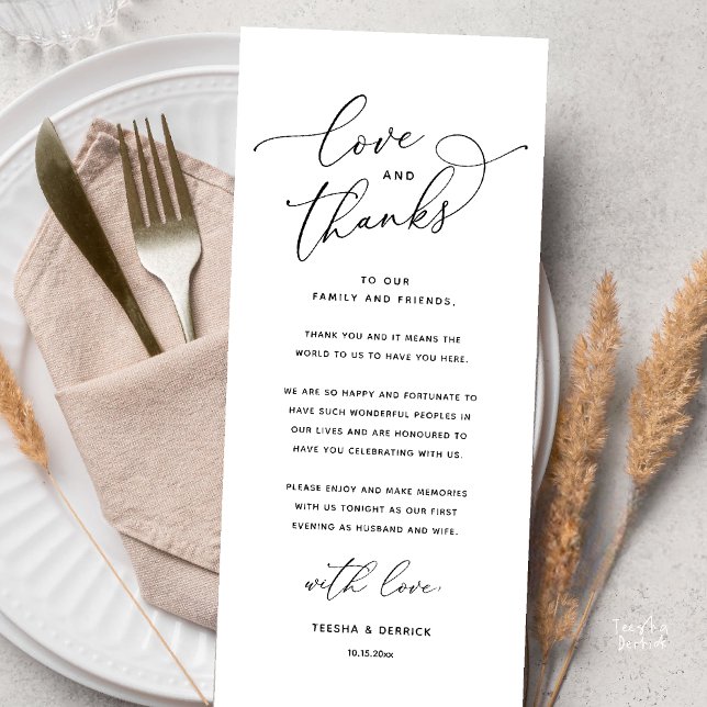 Love and Thanks, Wedding Dinner Thank You Card (Love and Thanks, Wedding Romantic Reception Thank You Card in Black and White)