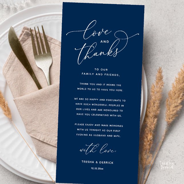 Love and Thanks, Wedding Dinner Thank You Card (Love and Thanks, Wedding Romantic Reception Thank You Card in Navy Blue)