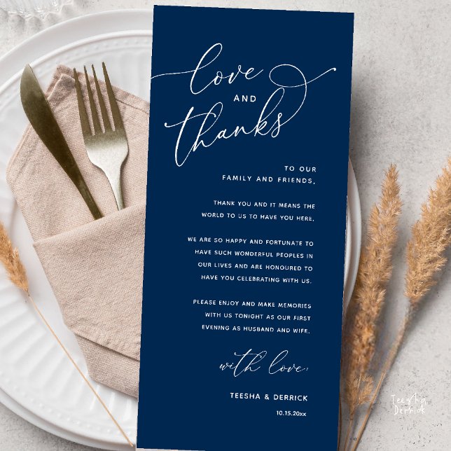 Love and Thanks, Wedding Dinner Thank You Card (Love and Thanks, Wedding Romantic Reception Thank You Card in Navy Blue)