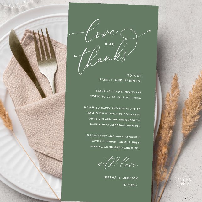 Love and Thanks, Wedding Dinner Thank You Card (Love and Thanks, Wedding Romantic Reception Thank You Card in Sage Green)