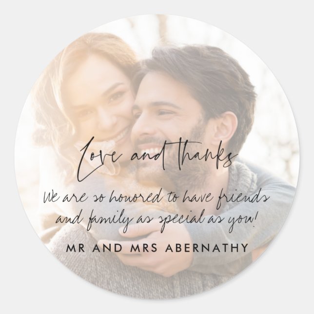 Love and Thanks Wedding Photo Favour  Classic Round Sticker (Front)