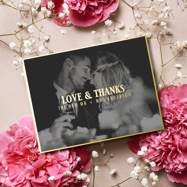 Love and Thanks Wedding Photo Thank You | Overlay Foil Holiday Postcard (Creator Uploaded)