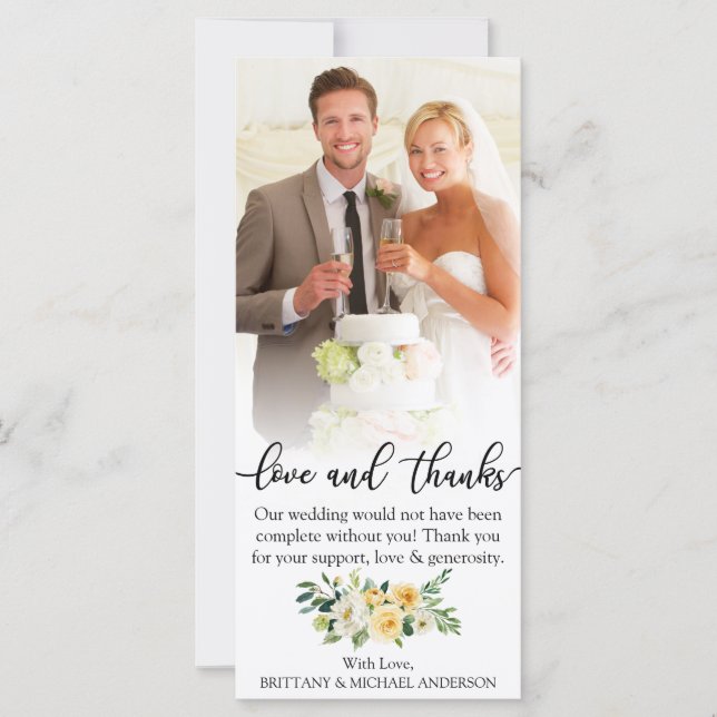Love and Thanks Wedding Photo Yellow Floral Card (Front)